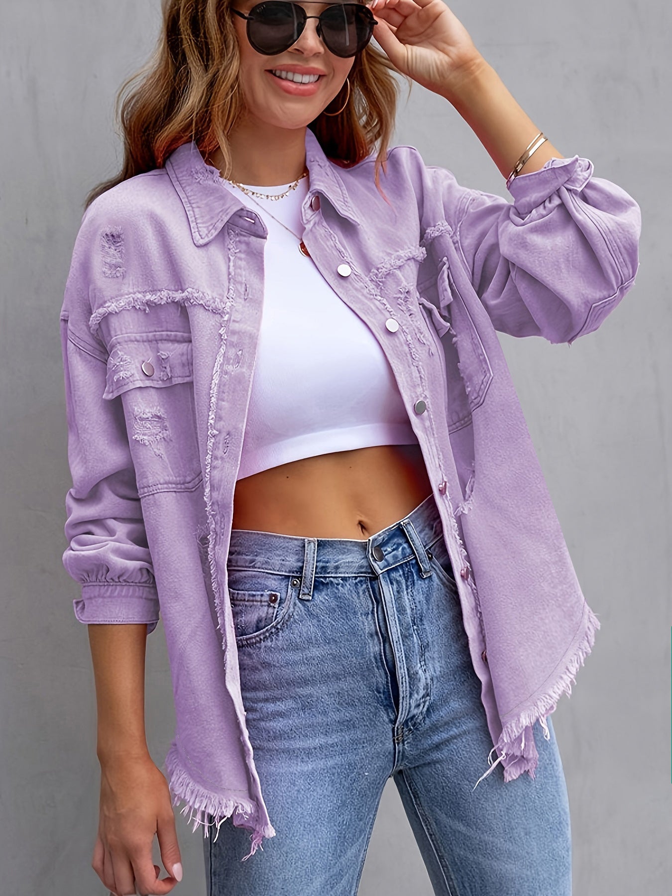 Wholesale Solid Color Medium Length Ripped Long Sleeve Denim Jacket